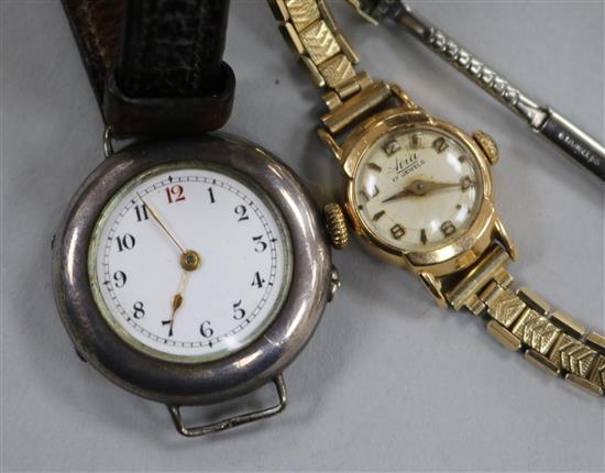 A silver trench watch and an Avia 18ct gold-cased ladies wristwatch on rolled gold expanding bracelet.
